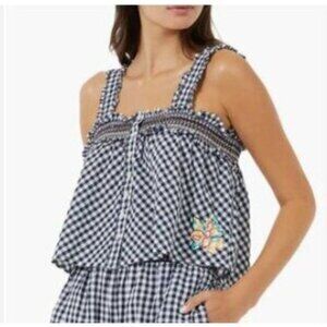 French Connection Womens Gingham Smocked Top With Floral Applique Size M